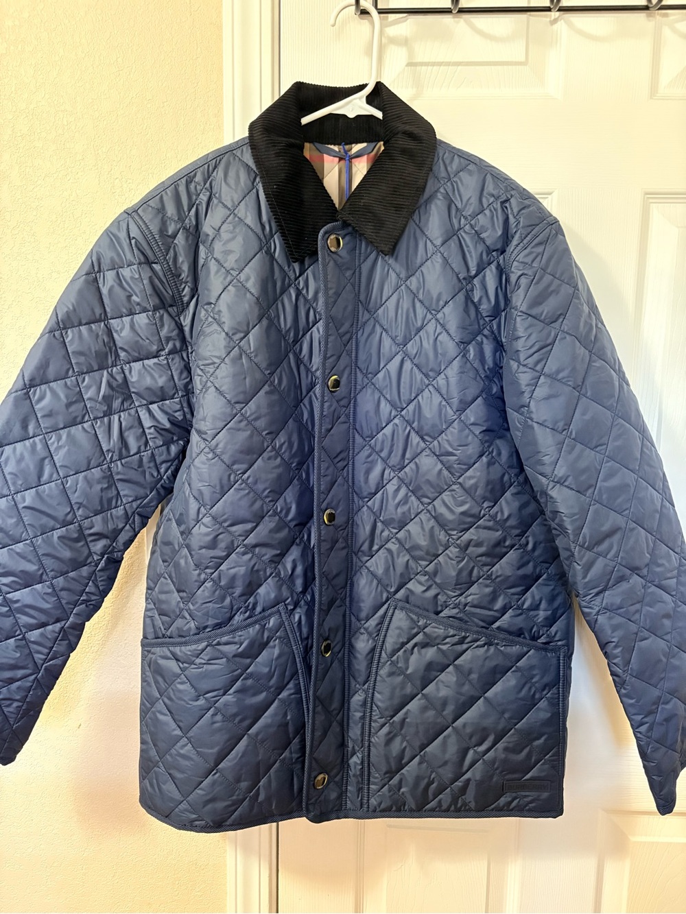Burberry Navy Quilted Puffer Jacket with Black Collar